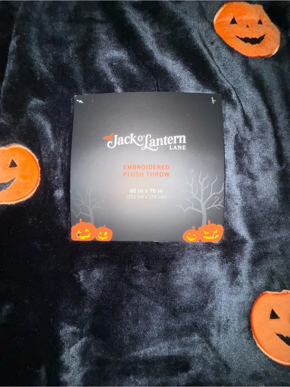 NEW Jack O'Lantern Lane Black FUZZY EMBROIDERED Pumpkin Patch Plush 60x70” Throw